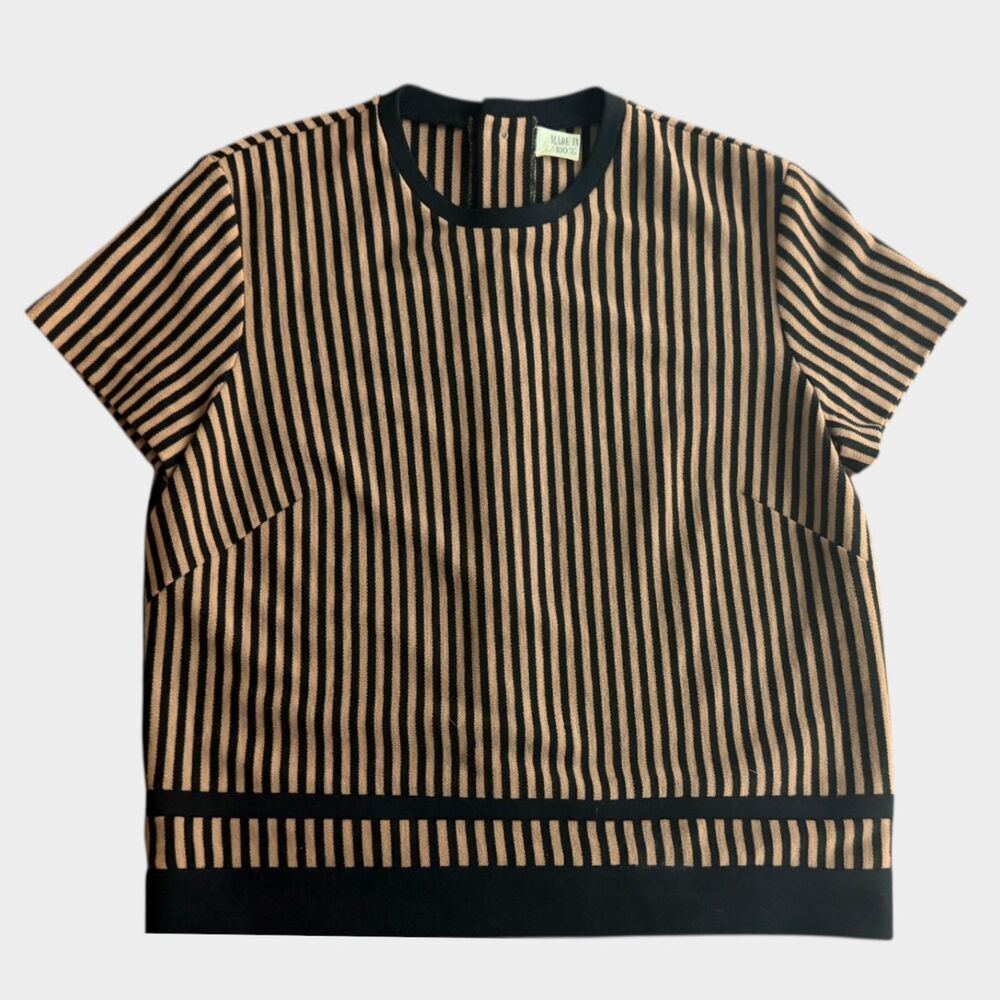 Vintage Striped Knit Top Black Tan Boxy Short Sleeve Crewneck 100% Wool Retro